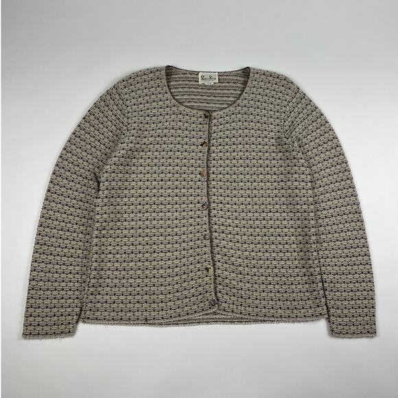 Vintage Knit Cream Brown Sweater Cardigan Button Up Made in New York Size Large - Picture 2 of 9